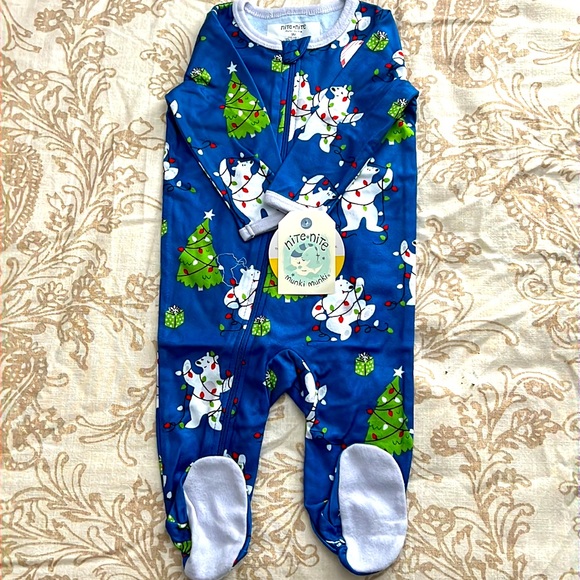 Nite Nite Baby One Piece Sleep Pajama Bodysuit Christmas Bear Design Blue NWT - Picture 1 of 2